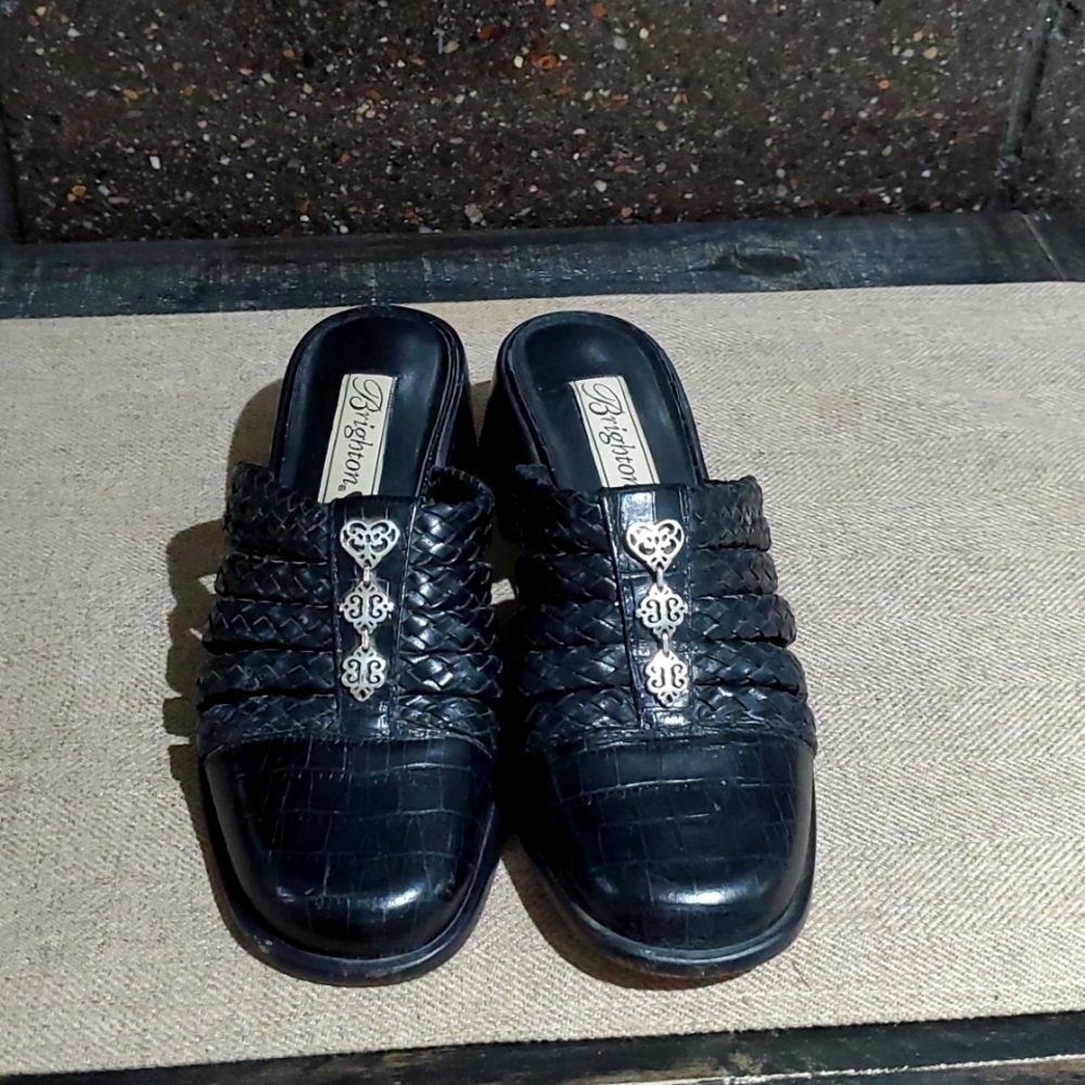 BRIGHTON LEATHER FABLE MULES SANDAL SHOES SIZE 6 1/2 CHUNKY BLOCK BLACK VINTAGE